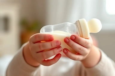 Baby's hands holding a milk bottle, symbolizing nourishment and care.