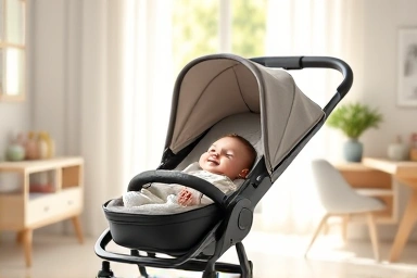 Baby in a comfortable stroller in a bright nursery