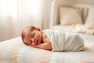Newborn baby sleeping peacefully in a nursery with swaddle, blanket, and quilt.