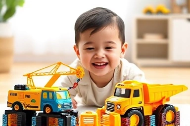 Child playing with Tayo and Poli construction toys, learning and having fun.