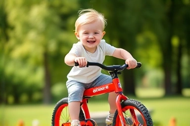 Toddler happily riding a red balance bike in a park.