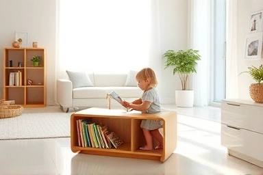 Child happily learning at a safe, modern toddler desk and bookshelf.