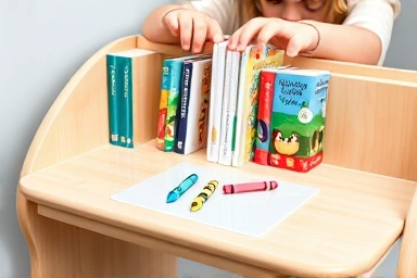 Close-up of child's hands reaching for book on toddler desk bookshelf.