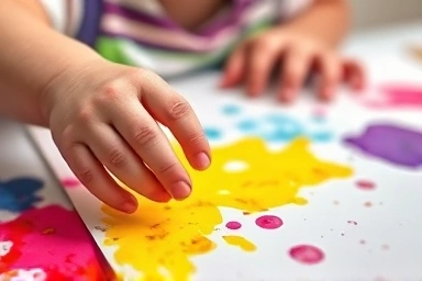Toddler's hands painting with washable finger paints.