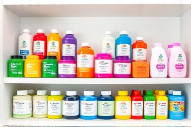 Collection of child-safe washable finger paints on a shelf.