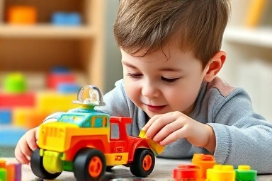 Child happily assembling toy car with tools