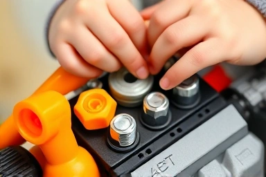 Child's hands working on toy car engine with tools