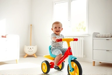 Happy toddler on a safe tricycle in a bright nursery.