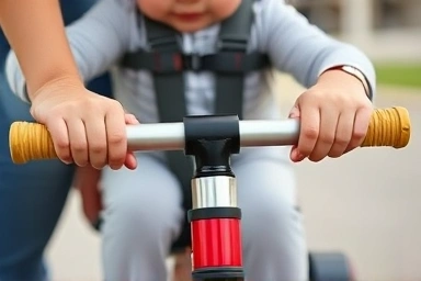 Parent guiding toddler on a tricycle, emphasizing safety features.