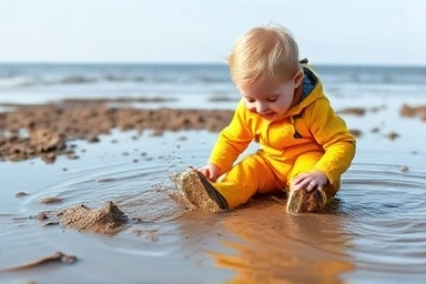 Child happily playing in mudflat with waterproof gear.