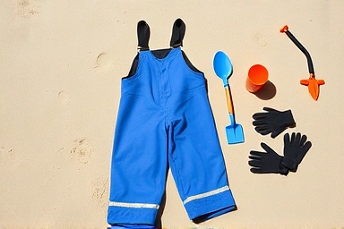 Organized set of children's mudflat exploration tools and waders.