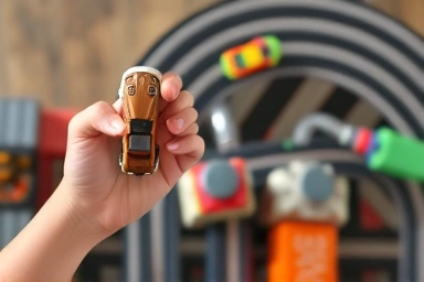 Children playing with miniature cars, city building and race track fun
