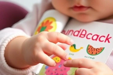 Baby interacting with a colorful Tulip Soundbook