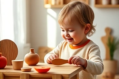 Child playing with natural wooden toy kitchen utensils