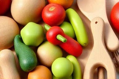 Safe and educational natural wooden play food and kitchen tools