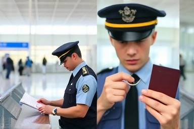 Immigration officer at airport counter and examining passport.