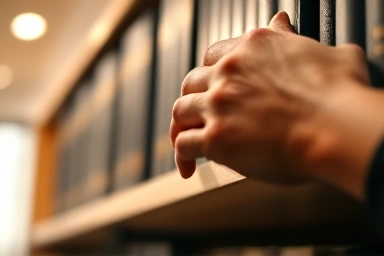 Hand organizing books on a shelf, symbolizing order.