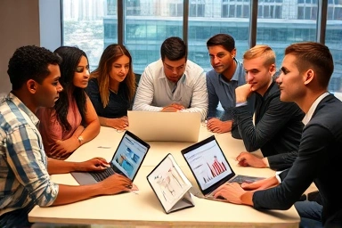 Diverse professionals collaborating on data analysis, symbolizing career growth.