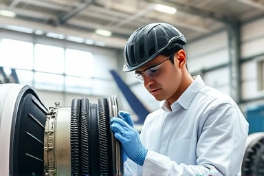 Aerospace technician inspecting aircraft engine in MRO facility.