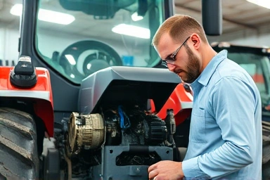 Technician repairing tractor engine in workshop.