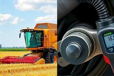 Farmer harvesting with machine, technician diagnosing part.