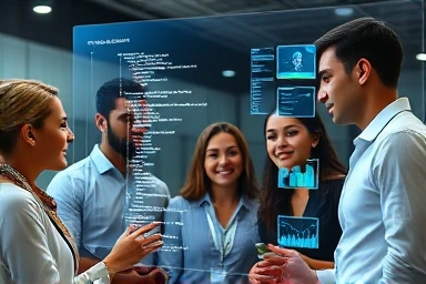 Diverse professionals collaborating on futuristic technology.