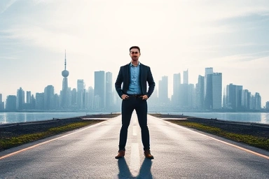 Global career path symbol with diverse city skylines.