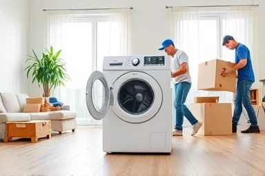 Appliance moving and installation process, careful packing.