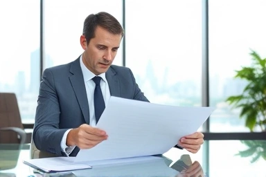 Professional appraiser analyzing property valuation report in office.