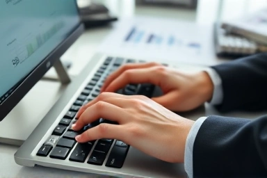 Accountant's hands typing on keyboard, financial workspace.