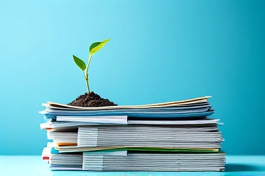 Career growth symbolized by seedling on financial reports.