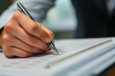 Hand filling out an exam answer sheet with a pen.