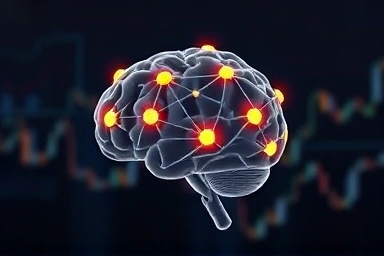 Symbolic brain with glowing nodes and abstract financial data.