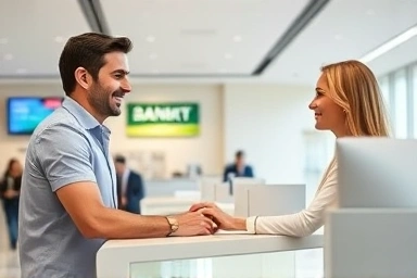Bank teller assisting customer in modern bank interior.