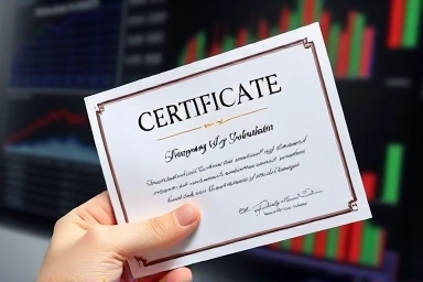 Hand holding financial certification with blurred finance charts.