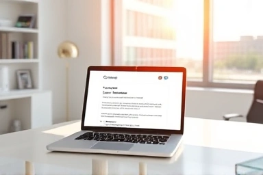 Professional email on laptop in bright office