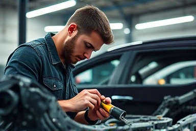 Auto body repair technician working on car frame