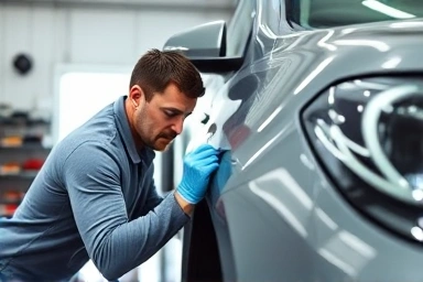 Mechanic painting car fender in modern auto shop