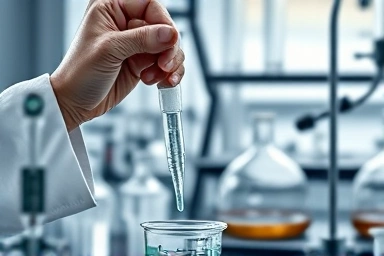 Precision laboratory work with pipette and beaker.