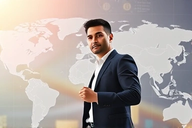 Young professional in global financial market, symbolizing career growth.