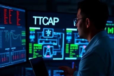 IT auditor analyzing cybersecurity data in modern operations center.