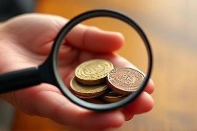 Hand examining coins with magnifying glass, financial scrutiny