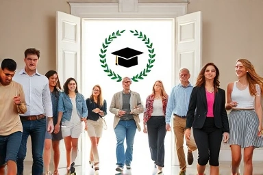 Diverse age group entering a bright doorway towards success.