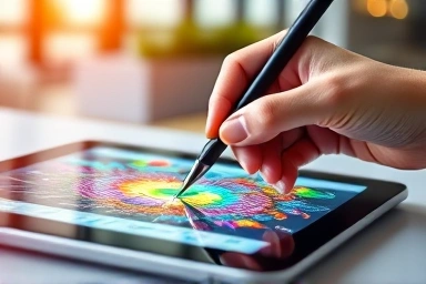 Digital graphic design process with stylus and tablet.