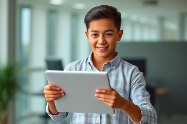 Person confidently showcasing digital skills on a tablet.