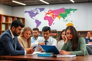 Aspiring diplomats studying in a library with global motifs.