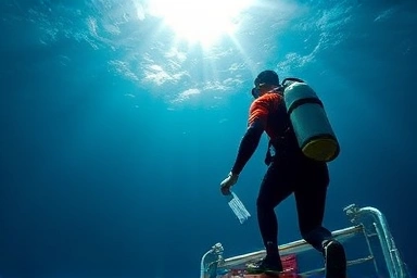 Diver ascending from ocean towards career success.