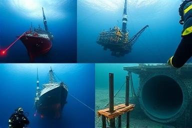Industrial underwater scenes: oil rig, shipyard, tunnel construction.
