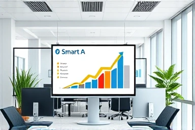 Modern office with accounting software and career growth symbols.