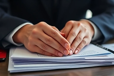 Hands organizing official documents for public service.